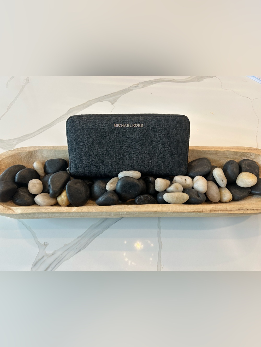 Michael Kors Black Textured Zip Wallet with Gold Logo